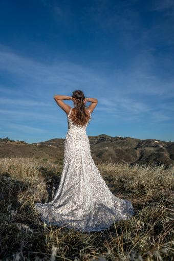 All Who Wander Style #Byron #4 (IVRM-PL) Ivory Lace & Tulle over Rum Gown w Porcelain Tulle Illusion thumbnail