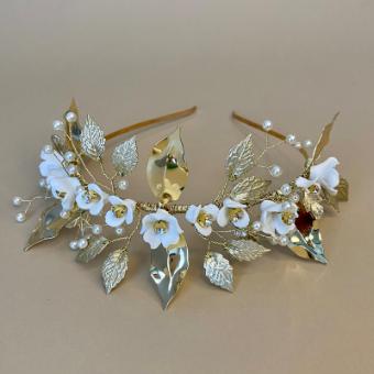 Arianna Bespoke Style #Autumn porcelain flower & leaf tiara - AR800IVGO #0 default Ivory thumbnail